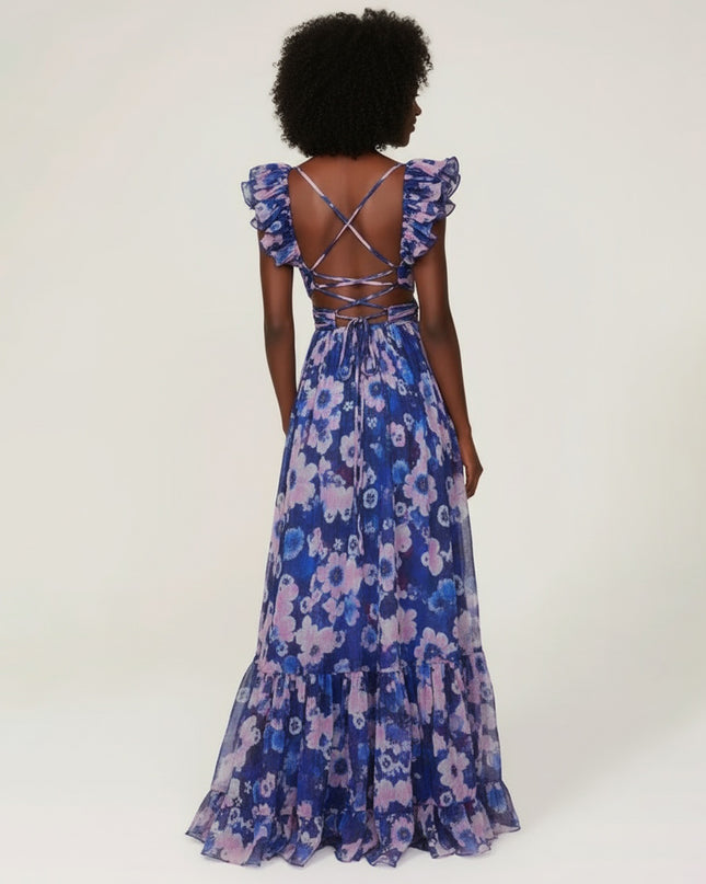 Ieena for Mac Duggal Blue Floral Cutout Gown