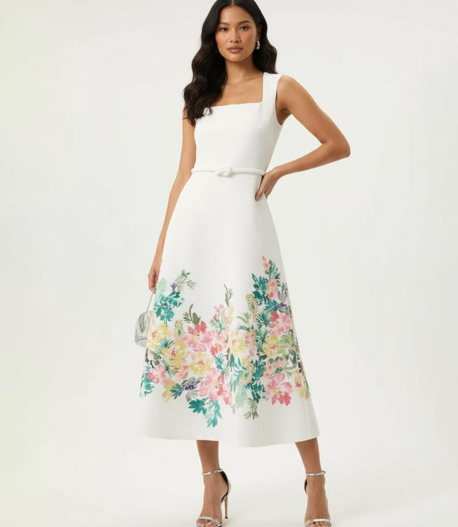 Badgley Mischka Printed Full Skirt Midi Dress