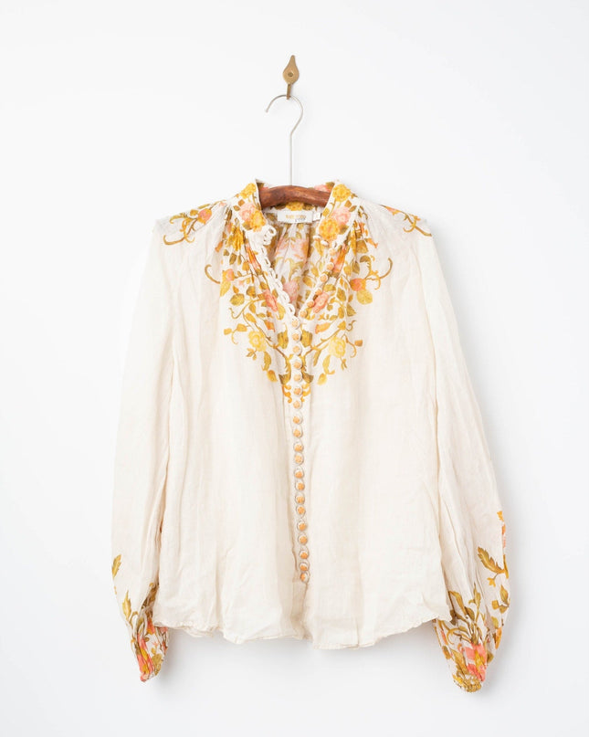 Kate Ford Noaea Floral Ramie Blouse – Multicolored Long Sleeve Button - Down Top - Wind & Song