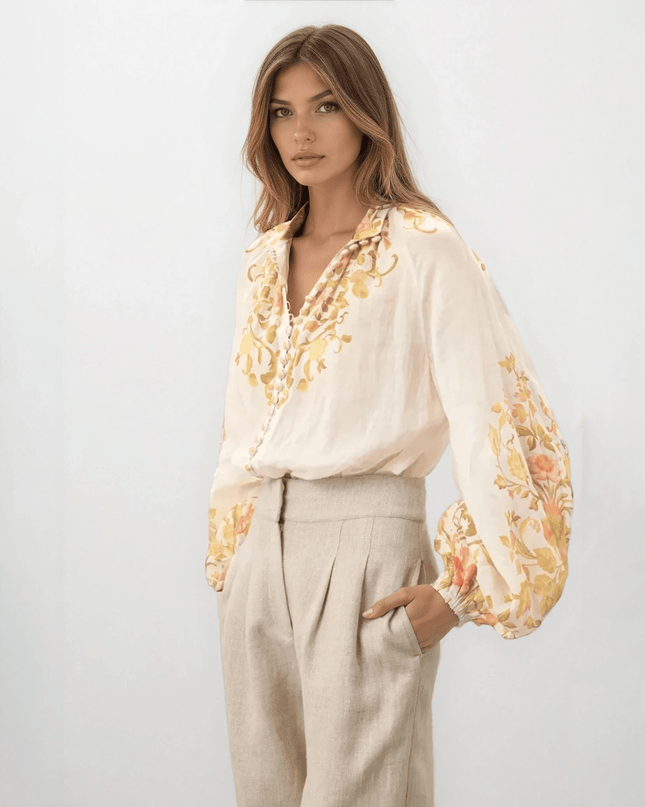 Kate Ford Noaea Floral Ramie Blouse – Multicolored Long Sleeve Button - Down Top - Pre - Owned - Wind & Song