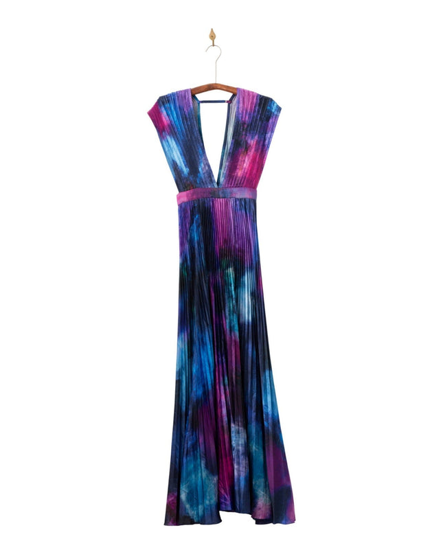 L'IDÉE Printed Gala Blue tie - dye satin Gown Size 6 - Wind & Song