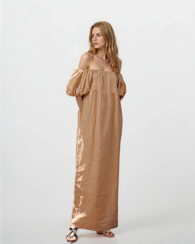 LoboRosa Mimi Long Dress Off the shoulder with wide short sleeve(100% Linen) Pre - owned - Wind & Song
