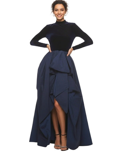 Marchesa Notte Blue Velvet High Neckline Gown - Wind & Song