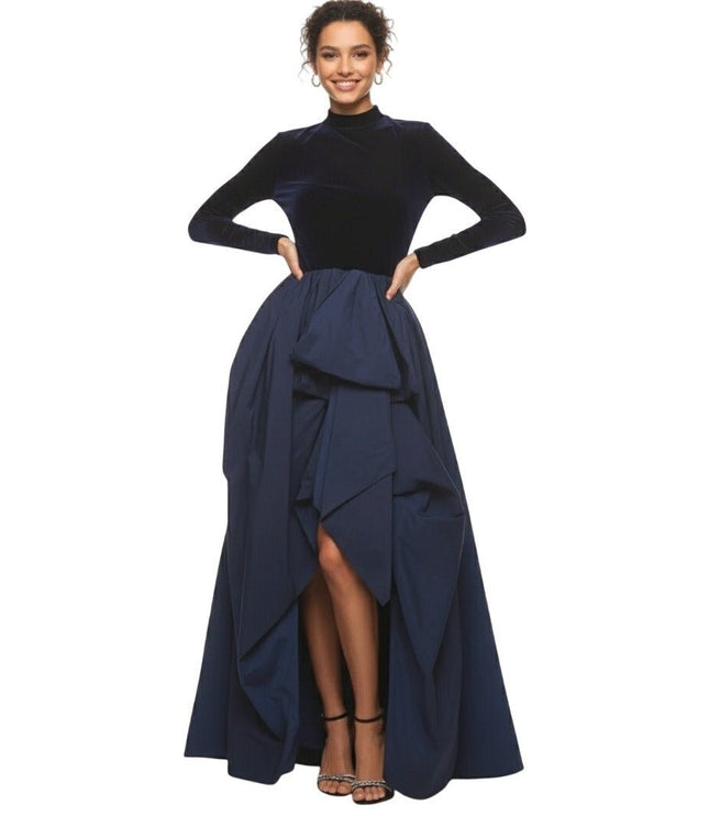 Marchesa Notte Blue Velvet High Neckline Gown - Wind & Song