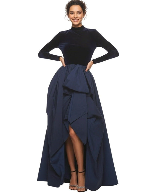 Marchesa Notte Blue Velvet High Neckline Gown - Wind & Song