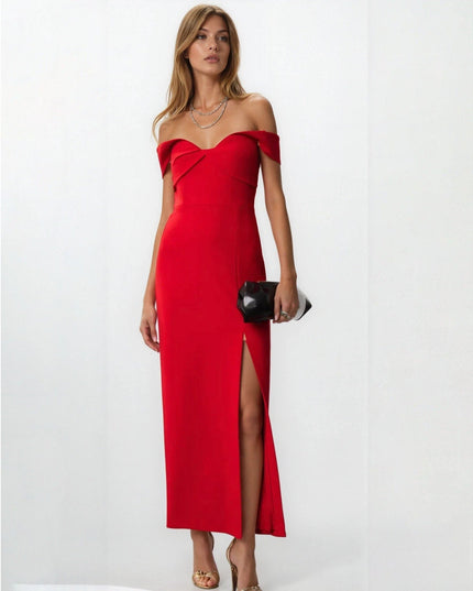 ML Monique Lhuillier Viviana Off the Shoulder Crepe Gown in Red - Wind & Song