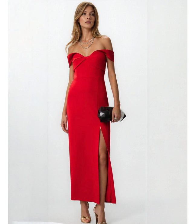 ML Monique Lhuillier Viviana Off the Shoulder Crepe Gown in Red - Wind & Song
