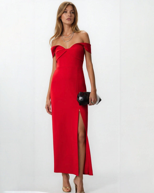 ML Monique Lhuillier Viviana Off the Shoulder Crepe Gown in Red - Wind & Song