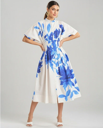 Natori Andora Printed Cotton Poplin Pleated Dress - Size 10 - Wind & Song