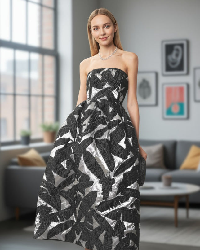 Oscar de la Renta Black Strapless Midi Dress