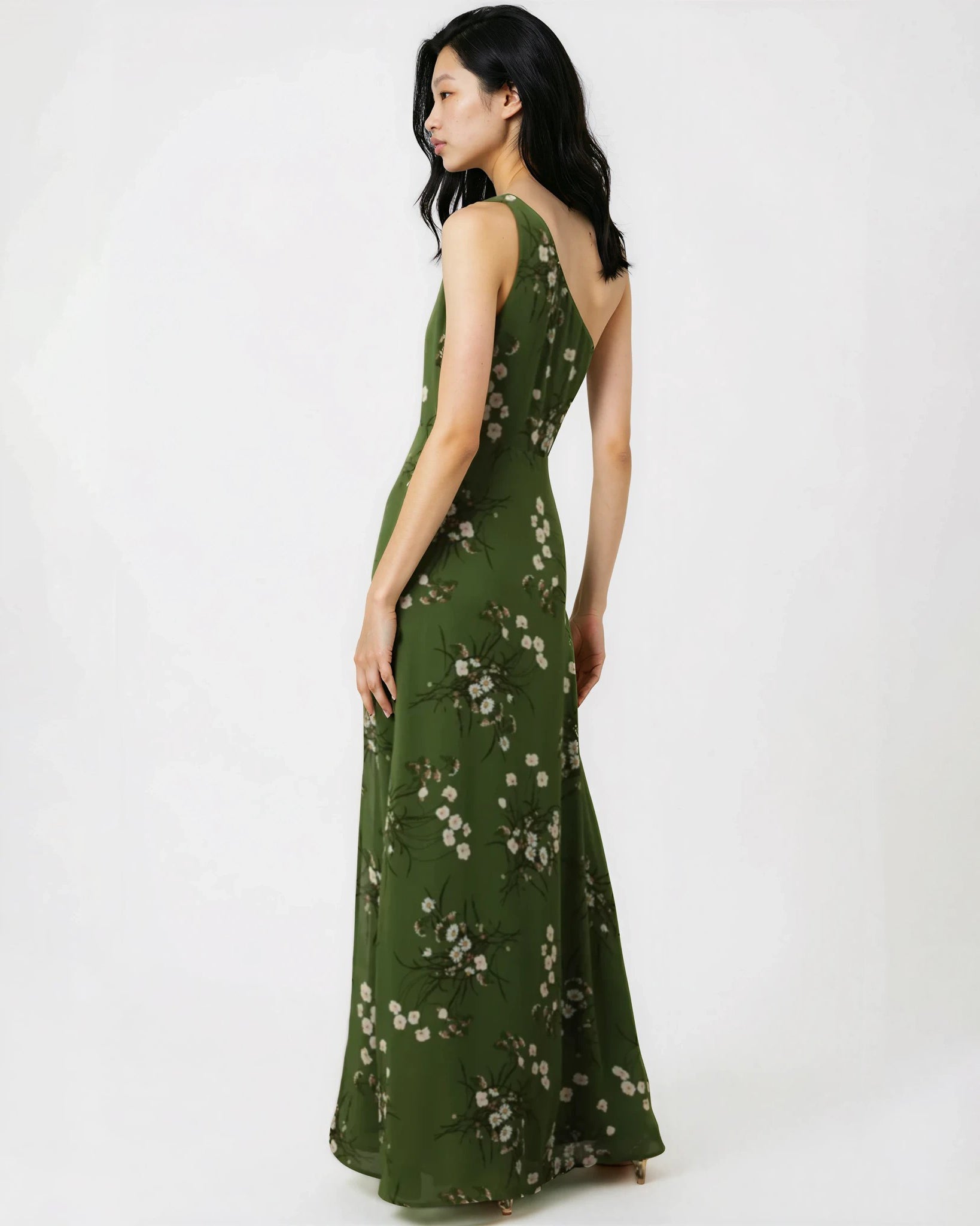 Reformation Evelyn Floral One Shoulder Dress Size 8 | Pre - Owned Green Chiffon - Wind & Song
