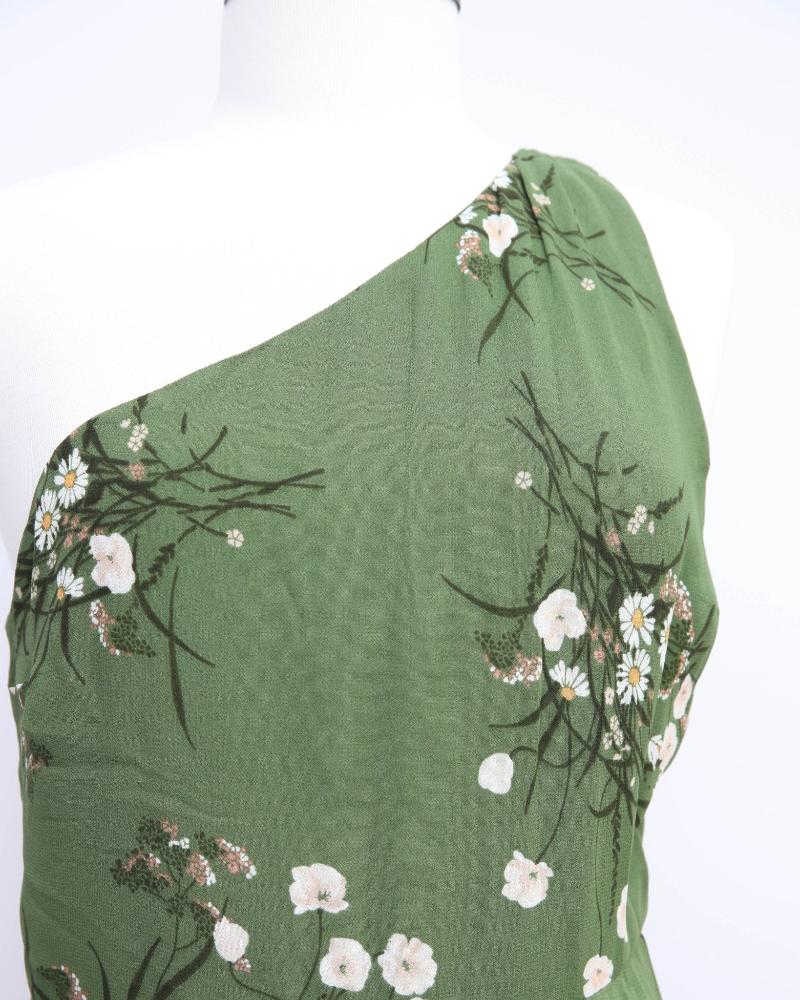 Reformation Evelyn Floral One Shoulder Dress Size 8 | Pre - Owned Green Chiffon - Wind & Song