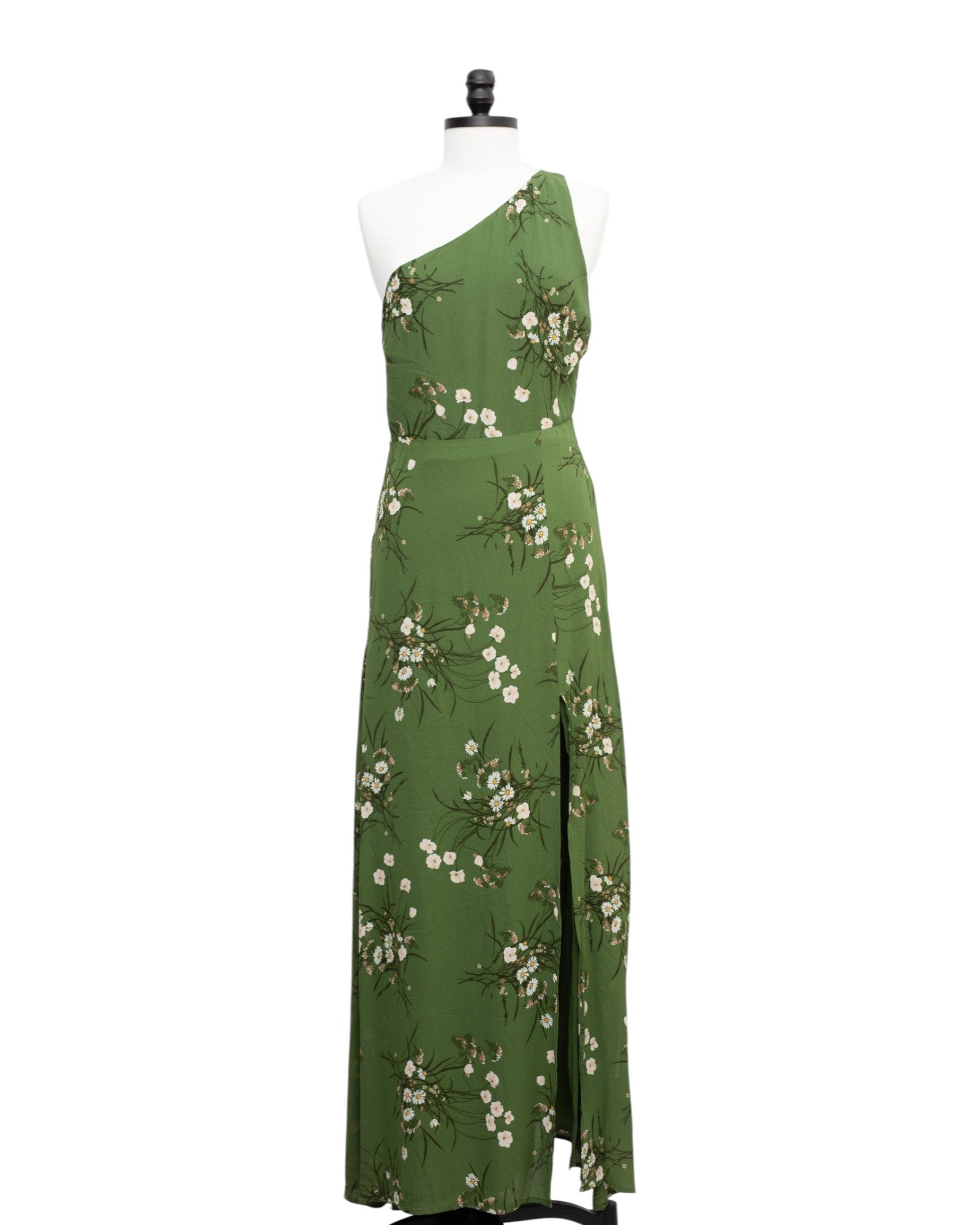 Reformation Evelyn Floral One Shoulder Dress Size 8 | Pre - Owned Green Chiffon - Wind & Song