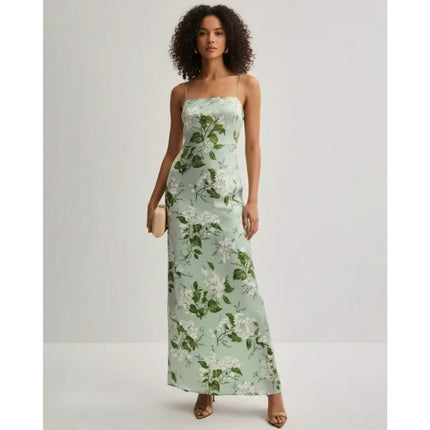 Reformation Frankie Silk Gown in Green Floral - Wind & Song