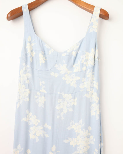 Reformation Reverie Dress in Blue Floral – Bustier Sheath Midi (Sizes 4 & 8) - Wind & Song