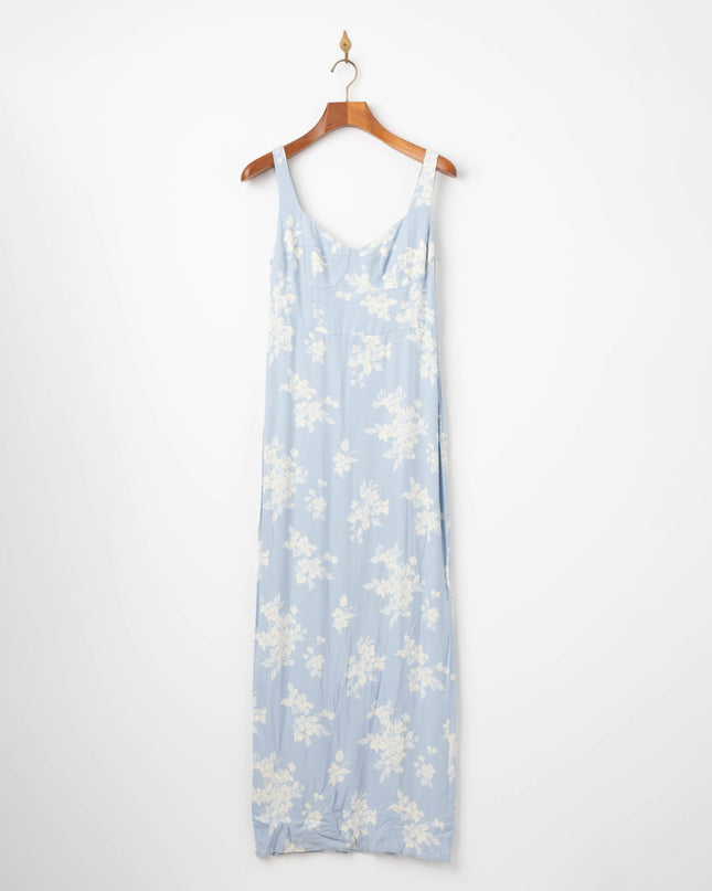 Reformation Reverie Dress in Blue Floral – Bustier Sheath Midi (Sizes 4 & 8) - Wind & Song