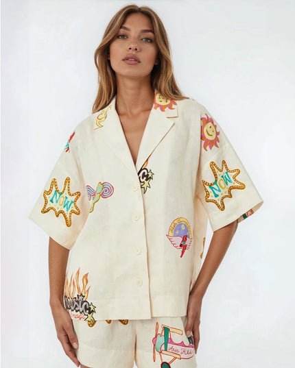 RHODE Nola Off - White Graphic Linen Top – Short Sleeve Collared Button - Down - Wind & Song