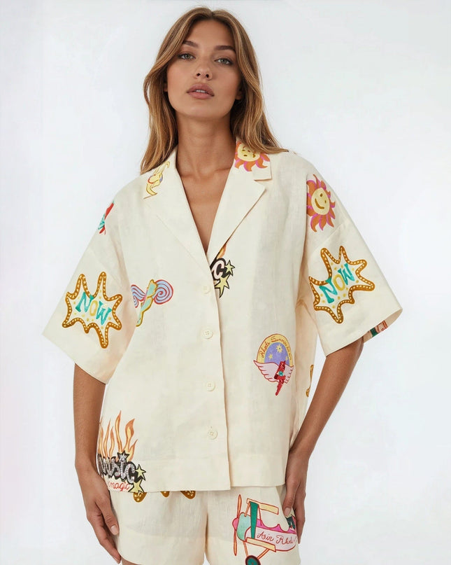 RHODE Nola Off - White Graphic Linen Top – Short Sleeve Collared Button - Down - Wind & Song