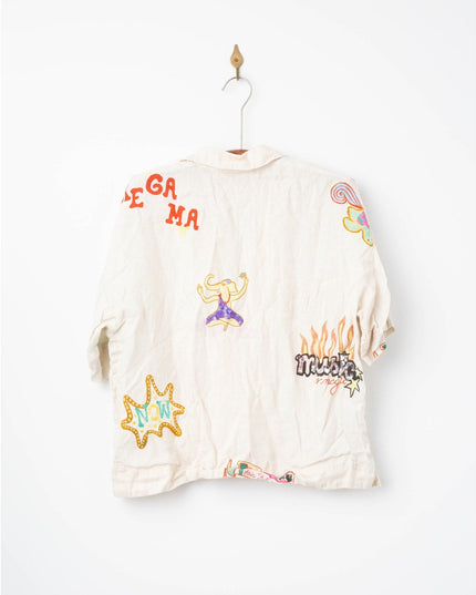 RHODE Nola Off - White Graphic Linen Top – Short Sleeve Collared Button - Down - Wind & Song