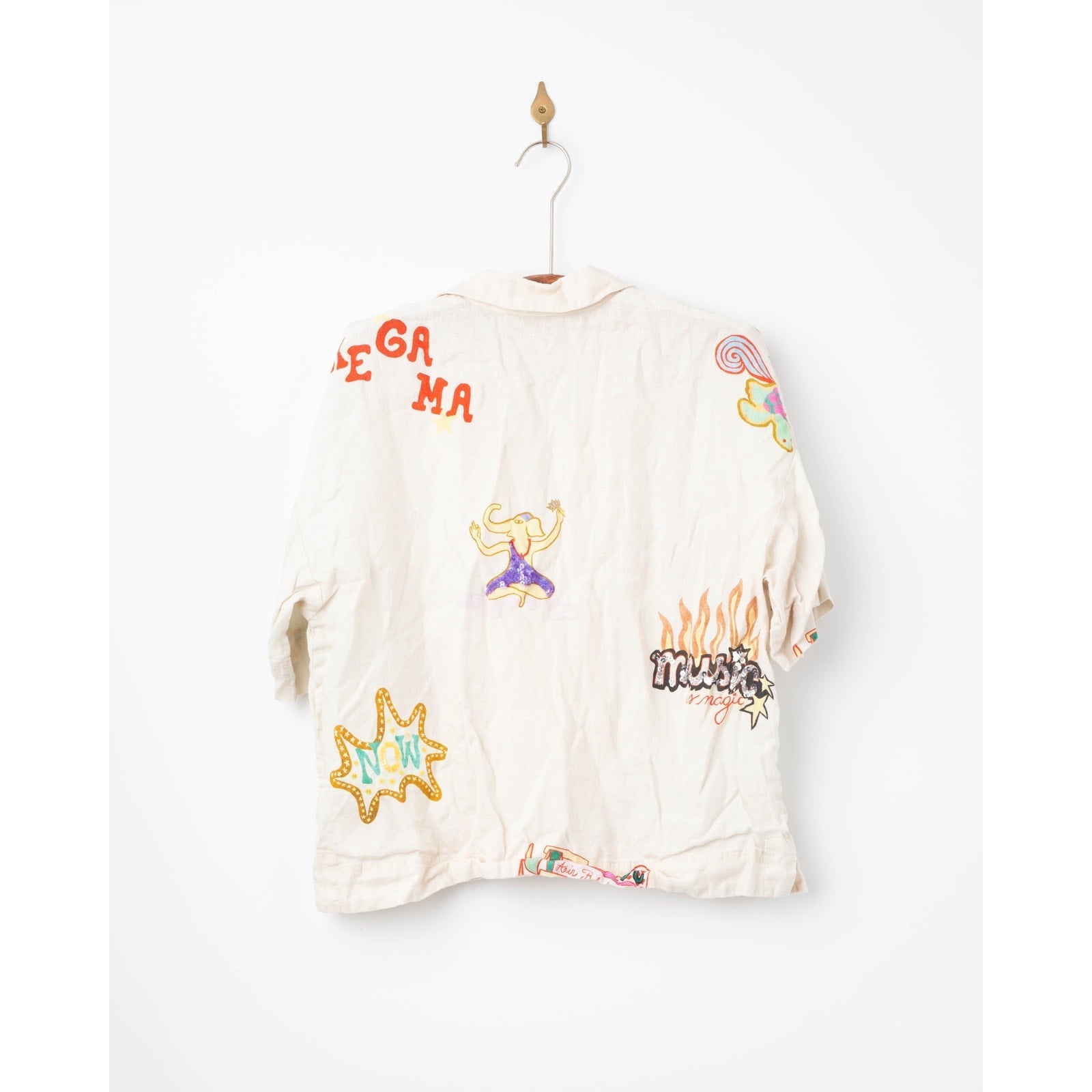RHODE Nola Off - White Graphic Linen Top – Short Sleeve Collared Button - Down - Wind & Song