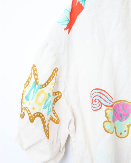 RHODE Nola Off - White Graphic Linen Top – Short Sleeve Collared Button - Down - Wind & Song