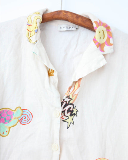 RHODE Nola Off - White Graphic Linen Top – Short Sleeve Collared Button - Down - Wind & Song