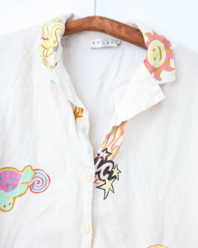 RHODE Nola Off - White Graphic Linen Top – Short Sleeve Collared Button - Down - Wind & Song