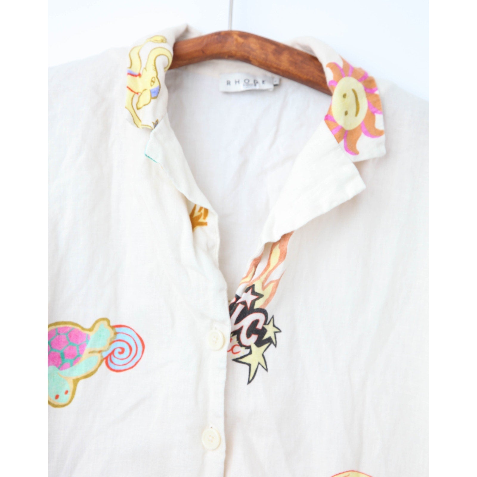 RHODE Nola Off - White Graphic Linen Top – Short Sleeve Collared Button - Down - Wind & Song