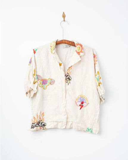 RHODE Nola Off - White Graphic Linen Top – Short Sleeve Collared Button - Down - Wind & Song