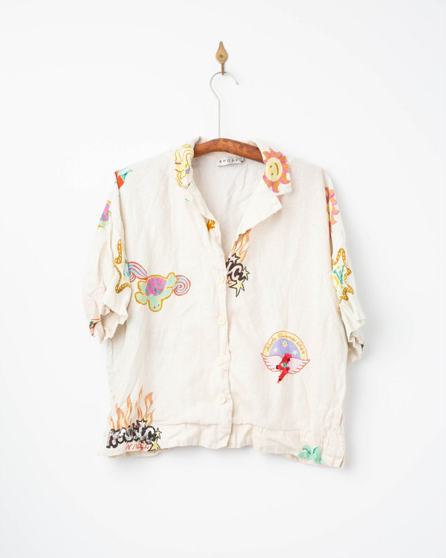 RHODE Nola Off - White Graphic Linen Top – Short Sleeve Collared Button - Down - Wind & Song