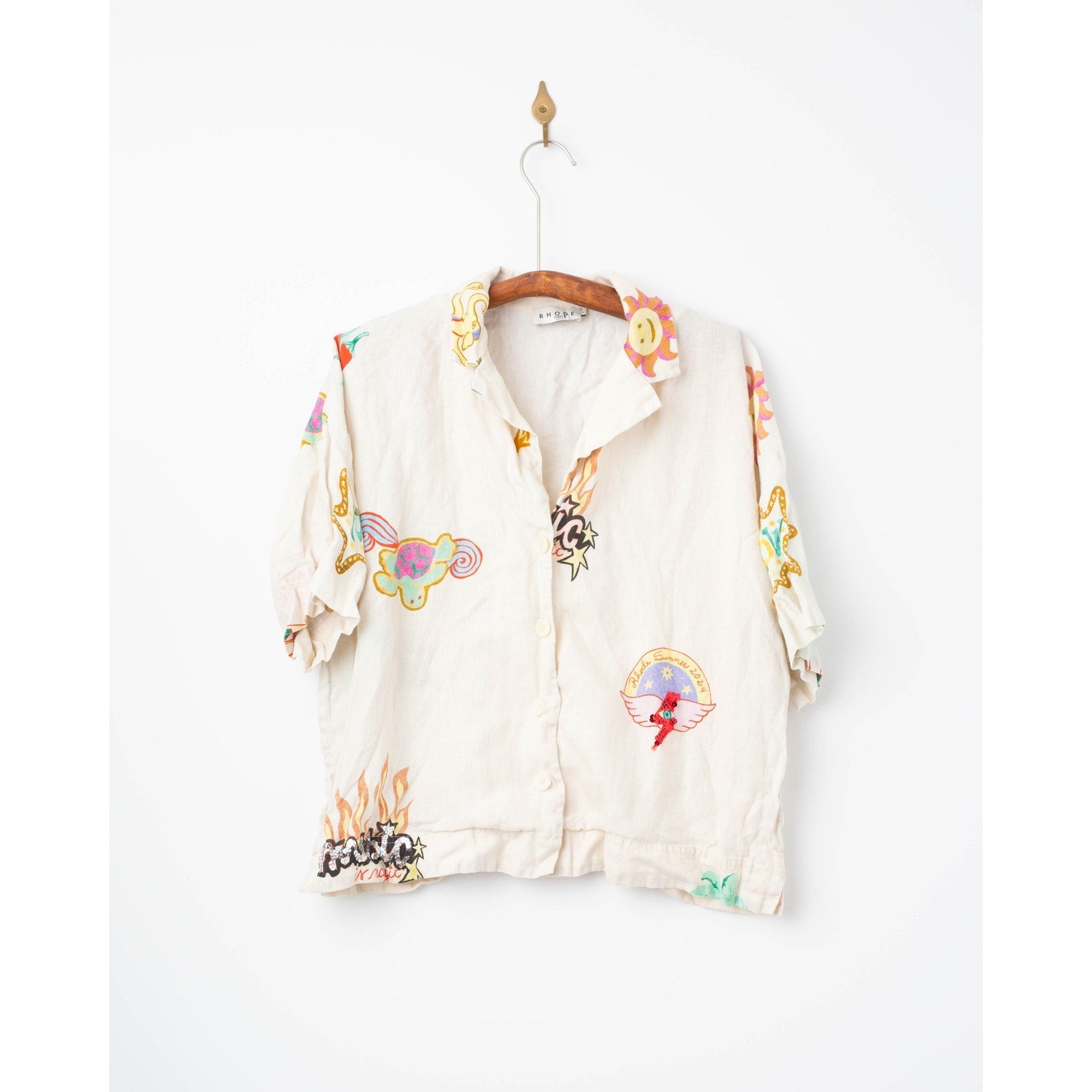 RHODE Nola Off - White Graphic Linen Top – Short Sleeve Collared Button - Down - Wind & Song