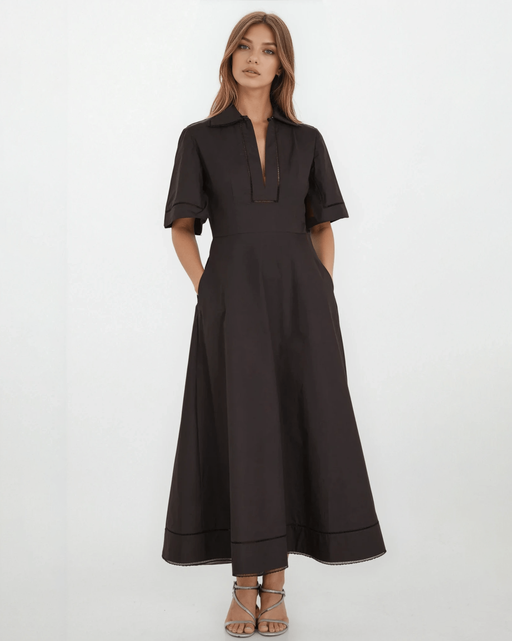 Róhe Ladder Embroidered Poplin Dress in Black Size 8 - Wind & Song