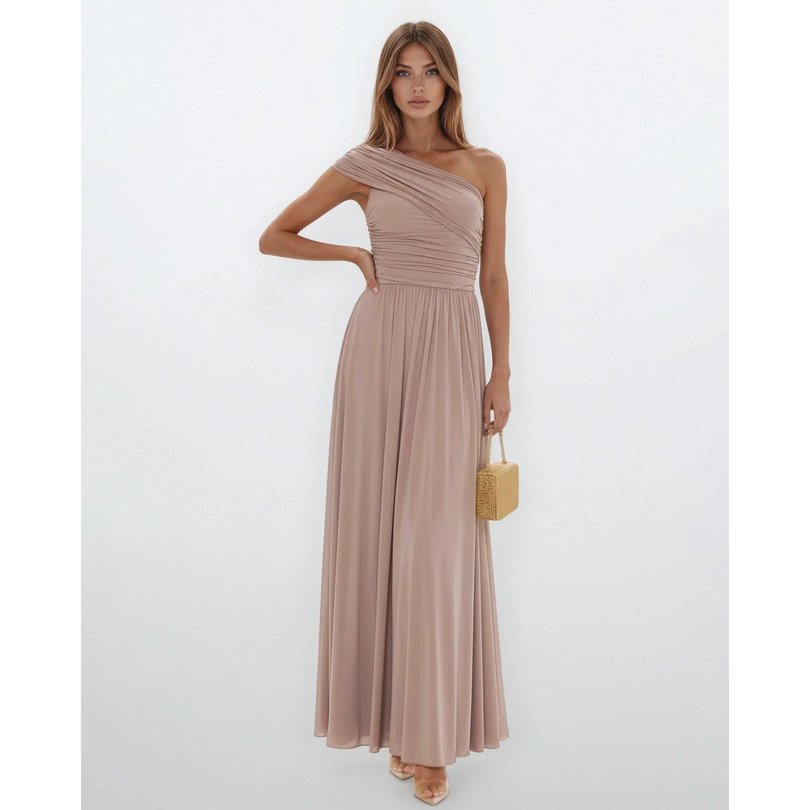 Ronny Kobo Killian One - shoulder Gown in Brown - Wind & Song