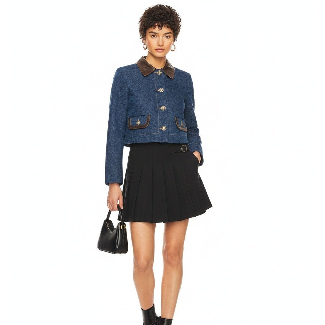 Sandro Blue Denim Jacket With Leather Collar - Wind & Song