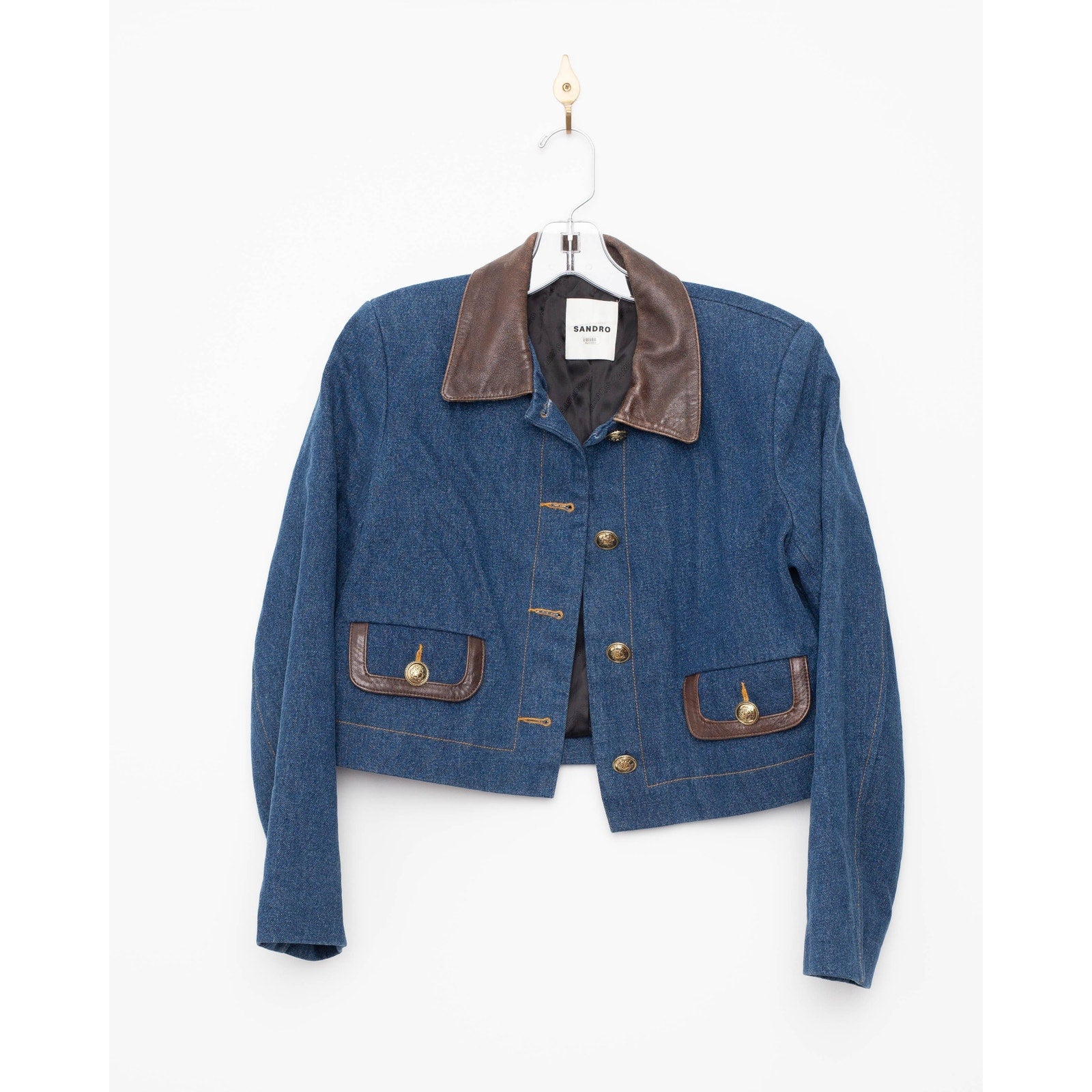 Sandro Blue Denim Jacket With Leather Collar - Wind & Song