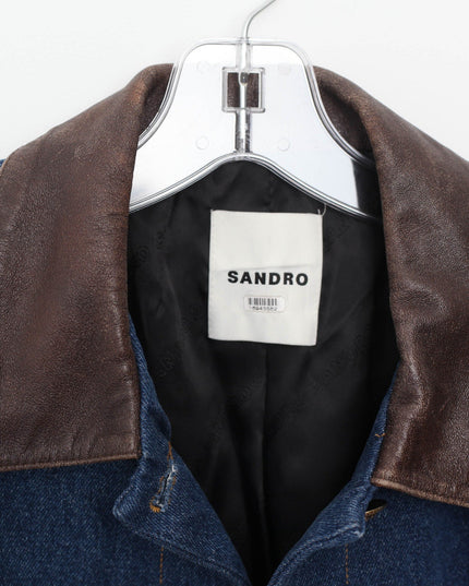 Sandro Blue Denim Jacket With Leather Collar - Wind & Song