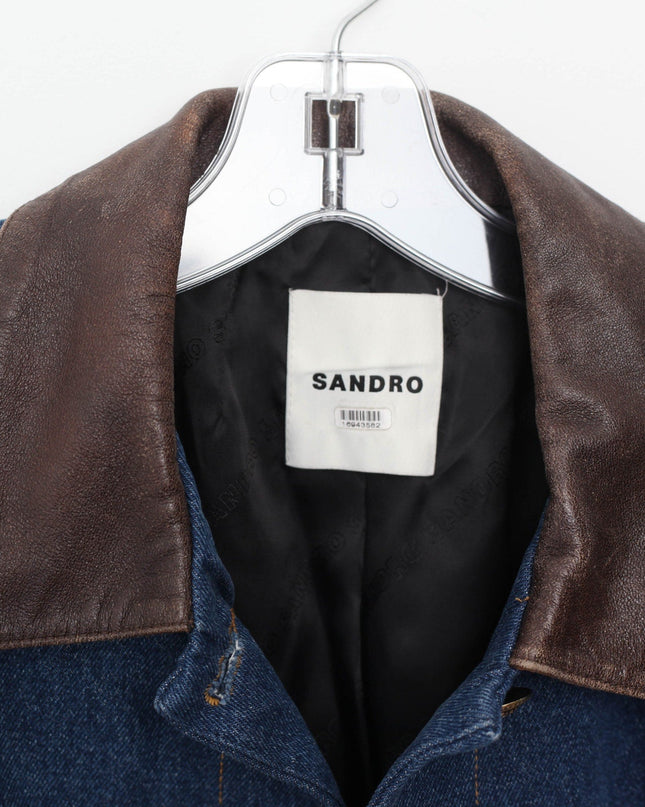 Sandro Blue Denim Jacket With Leather Collar - Wind & Song