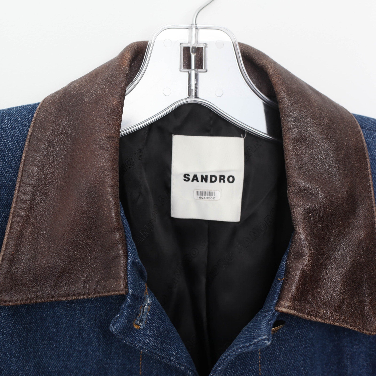 Sandro Blue Denim Jacket With Leather Collar - Wind & Song