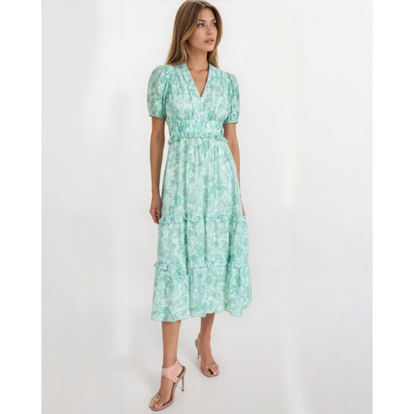 Shoshanna Selene Dress in Green Pre - owned Size 6 - Wind & Song