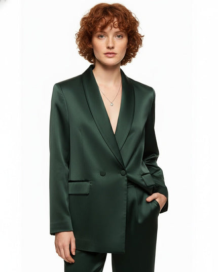 Silk Laundry Relaxed 100% Silk Blazer in Dark Green - Wind & Song