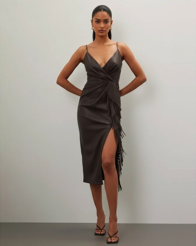 SIMKHAI Carkee Brown Faux Leather Fringe Dress - Wind & Song