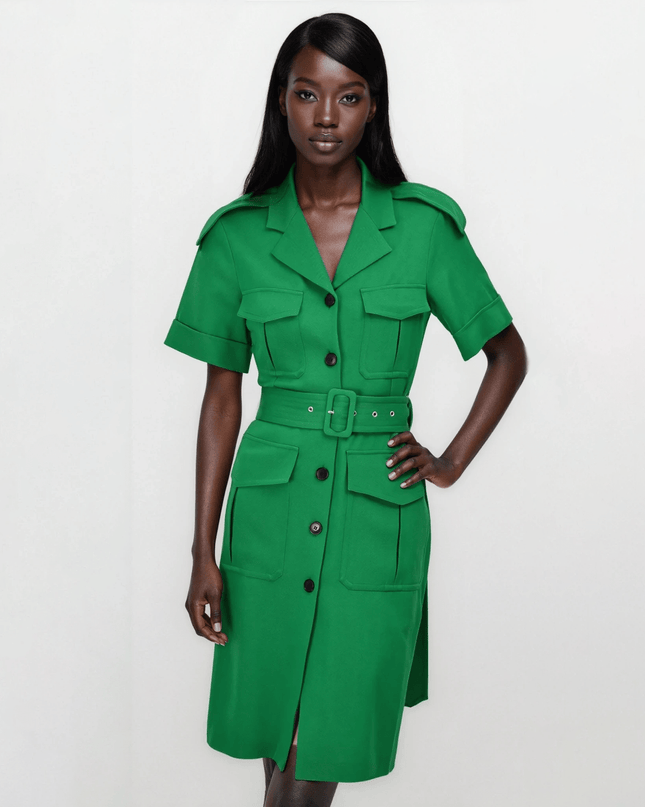 Victoria Beckham Belted Wool - gabardine Shirt Dress In Green - Wind & Song